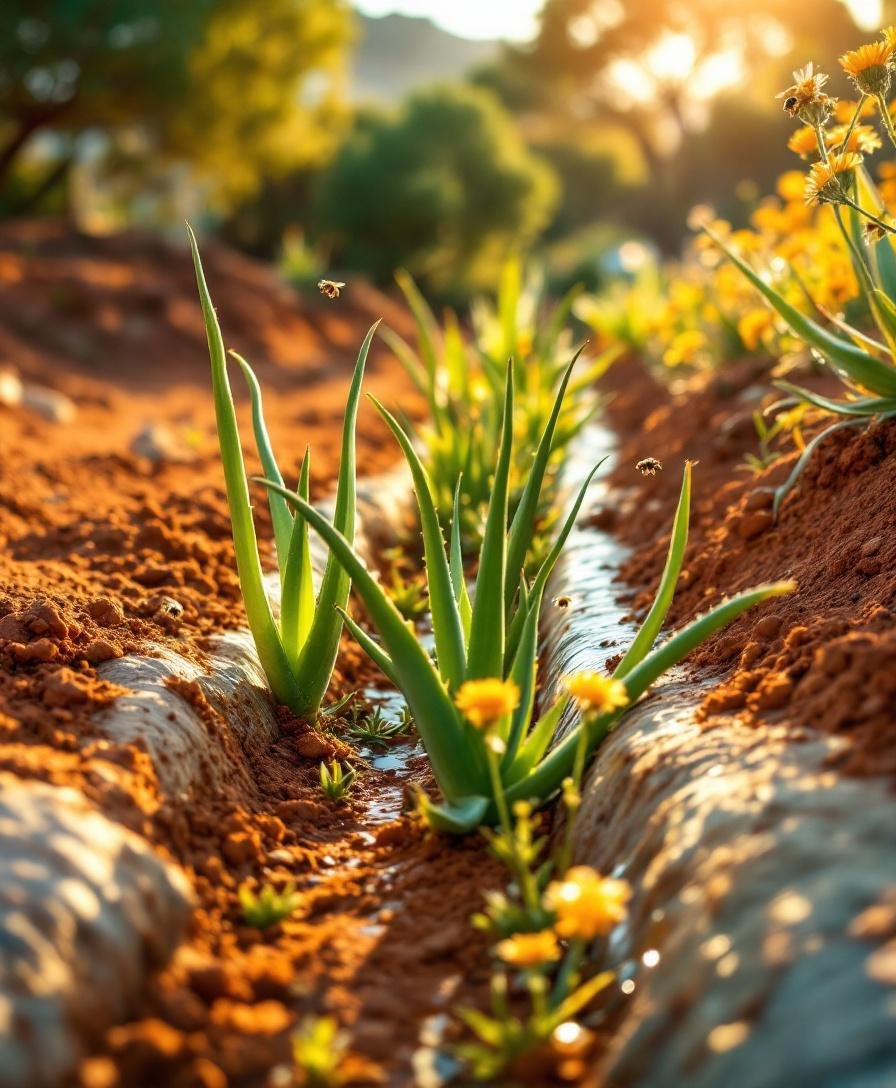 Aloe vera plants, bees and water on Algarve hillside